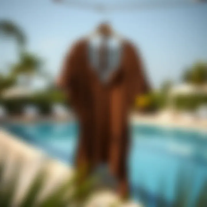 Chic Poolside Elegance Elegant brown bathing suit cover up hanging by the poolside