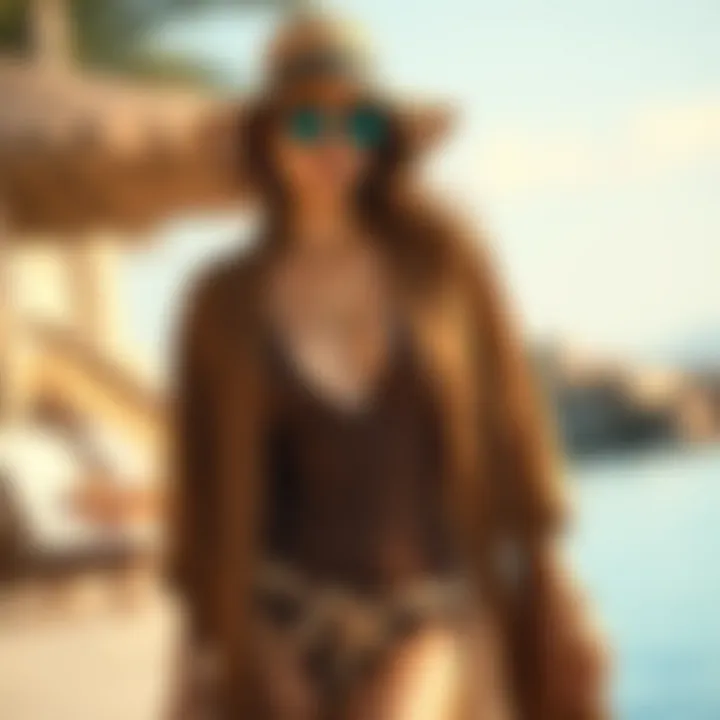 Layered Style with Accessories Stylish brown cover up layered over a swimsuit with accessories