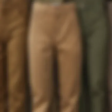 A variety of khaki corduroy pants in different styles and fits on display