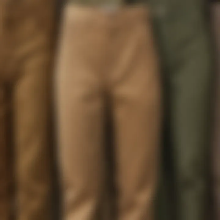 A variety of khaki corduroy pants in different styles and fits on display