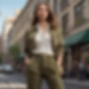 Fashionable woman confidently wearing khaki corduroy pants in an urban setting