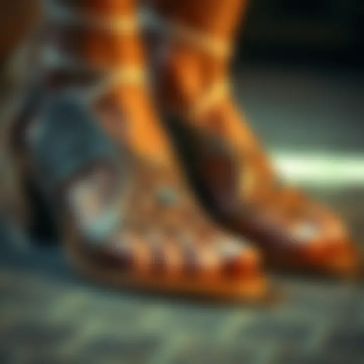 Close-up of intricate detailing on a pair of strappy sandals