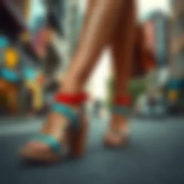 Person wearing colorful strappy sandals in an urban setting
