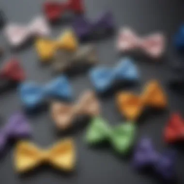 Close-up of various bow tie lapel pin designs