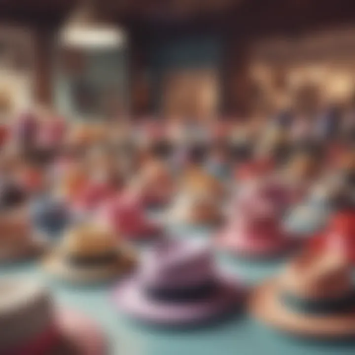 Assortment of colorful tea party hats in a boutique