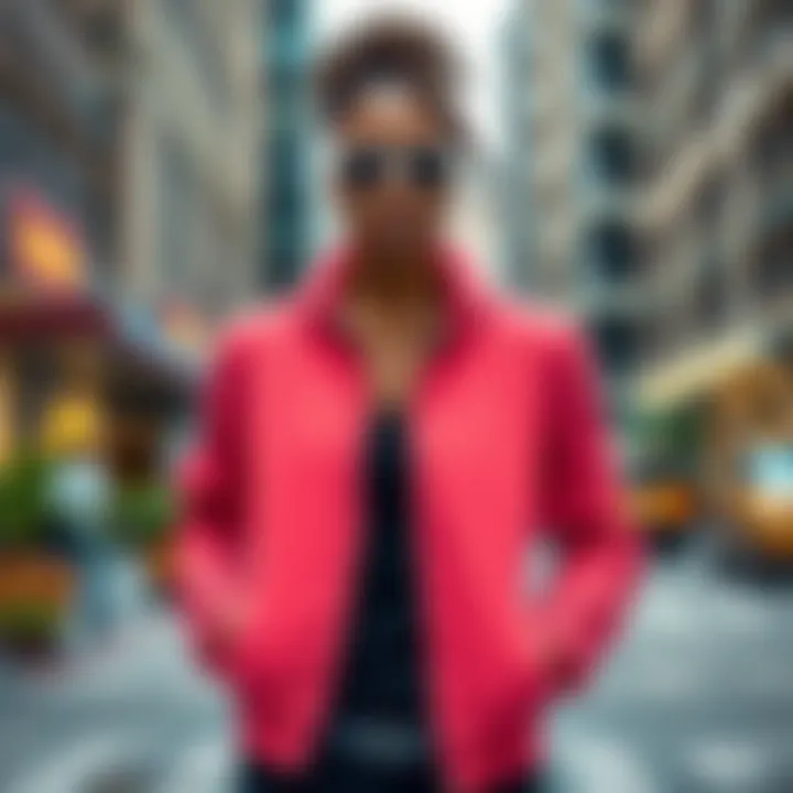 Stylish individual wearing a yoga jacket in an urban setting